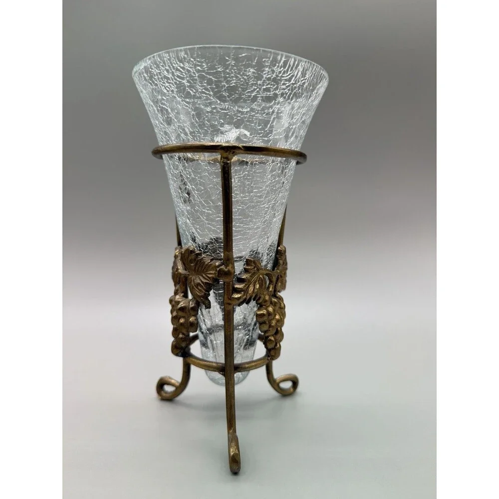 Vtg Pier 1 Hollywood Regency Crackle Glass Trumpet Vase Footed Brass Grape Stand